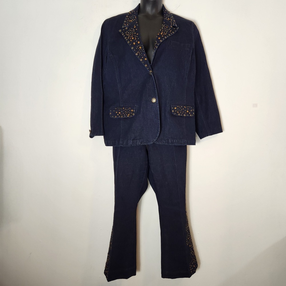 DG2 Denim Jacket Jeans Set 2X 22WP Y2K Western Glam Rhinestone Studded Flare Vtg
